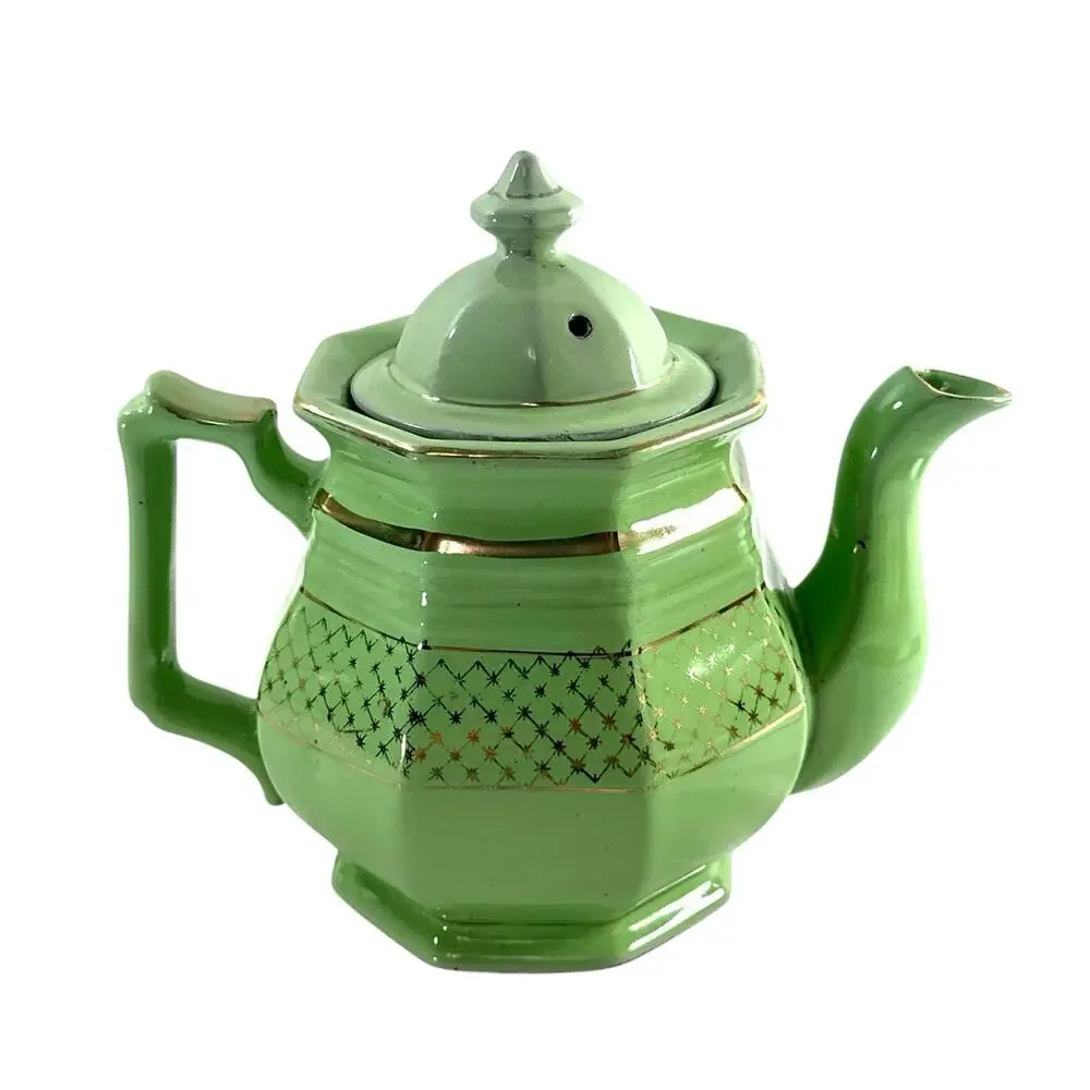 Vintage Art Deco Green Porcelain Teapot Gold Gilt Geometric Octagonal 7.5”